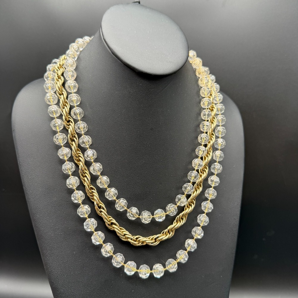 ✨ Vintage 19" Clear Crystal Bead & Gold Chain Necklace – Multi-Strand Sparkle 💫